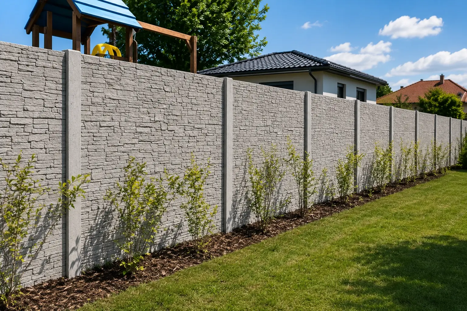 Kétoldalas szürke cementes betonkerítés mintázott elemekből, telekhatáron