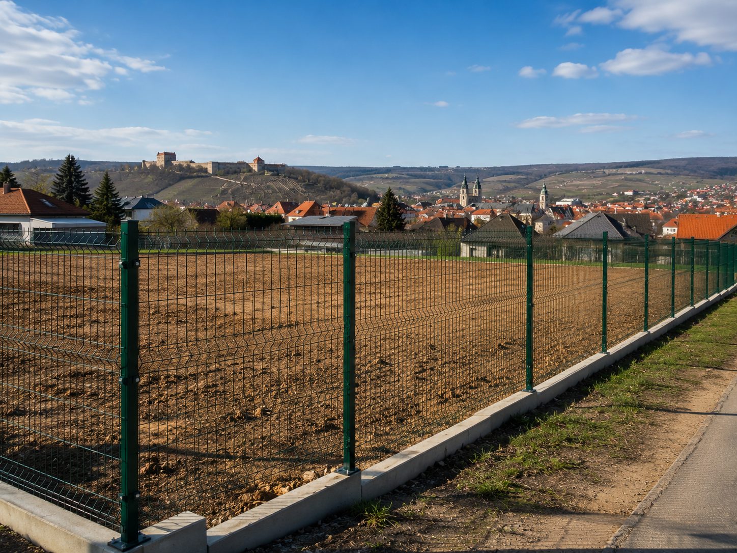 Üres építési telek bekerítése zöld 2D táblás kerítéssel