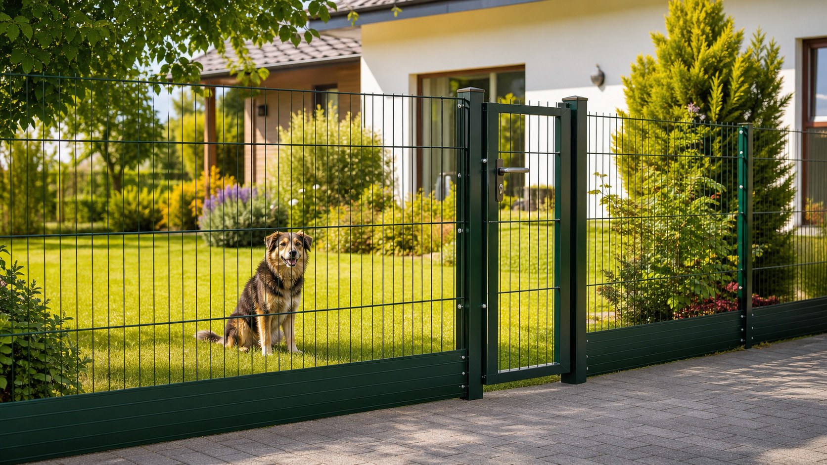 Merev táblás, alsó megerősítésű kutyabiztos kerítés kerti kapuval